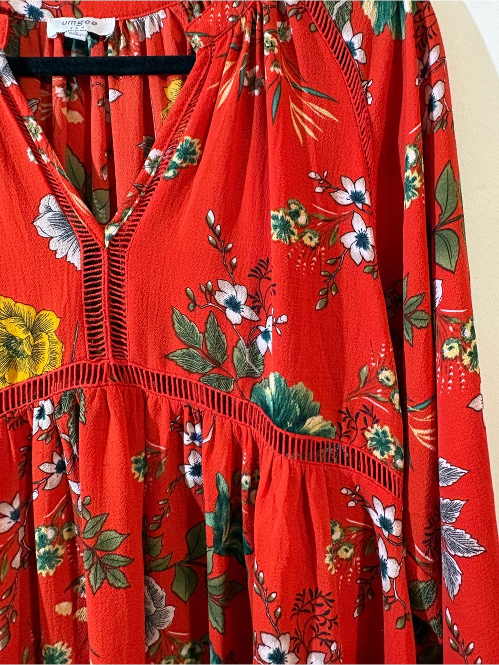 Umgee dress women’s large red floral long balloon sleeves v-neck babydoll tunic - Picture 6 of 12